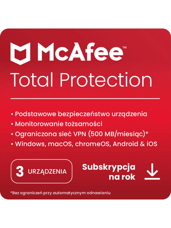 McAfee® Total Protection, program antywirusowy, oprogramowanie zapewniające bezpieczeństwo w Internecie, 3 urządzenia (Windows®/Mac®/Android/iOS), subskrypcja na 1 rok – cover