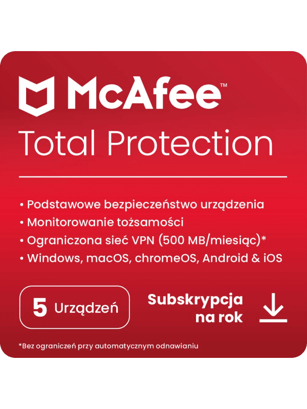 McAfee® Total Protection, program antywirusowy, oprogramowanie zapewniające bezpieczeństwo w Internecie, 5 urządzenia (Windows®/Mac®/Android/iOS), subskrypcja na 1 rok – cover